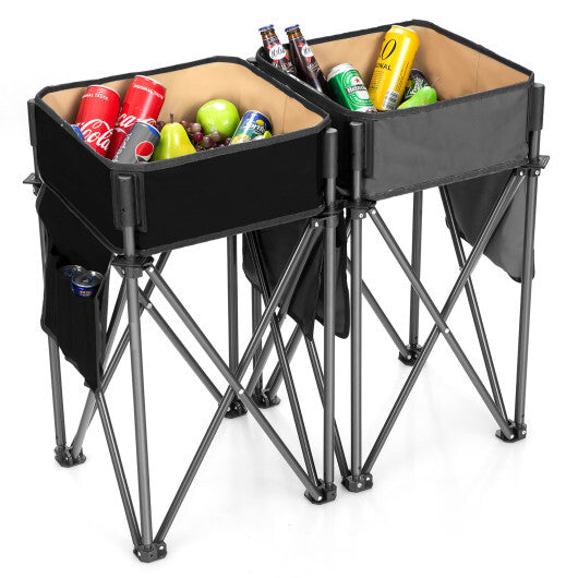 2 Pieces Folding Camping Tables with Large Capacity Storage Sink for Picnic - Color: Black