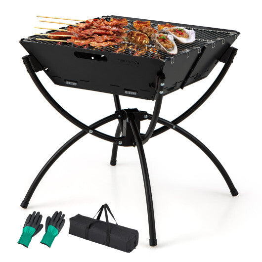 3-in-1 Camping Campfire Grill with Stainless Steel Grills Carrying Bag & Gloves-Black - Color: Black