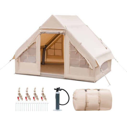 Inflatable Camping Tent 2/4/6 People Glamping Tent for Family Camping with Pump-Beige - Color: Beige